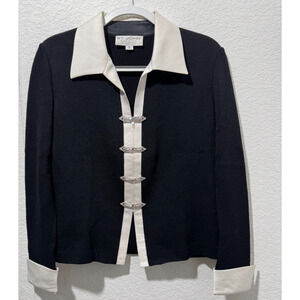 St John Evening Marie Gray Rhinestone Clasp Jacket 6 Cardigan Black White Cuffs